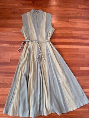 BURU Sleeveless Midi Dress with Braided Waist Tie in Sage and pale yellow